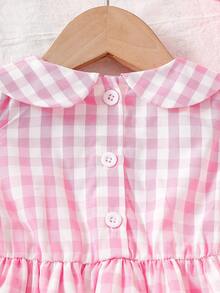 Baby Girls Strawberry Embroidery Plaid Sleeveless Dress With Hat, Vacation Style, Suitable For Outing, Party And Spring/Summer - Pink - View 7