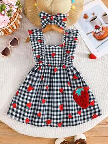 Baby Girls' Sleeveless Ruffled Hem Cute Strawberry Print Dress With Headband Set, Sweet And Elegant - Black - View 1