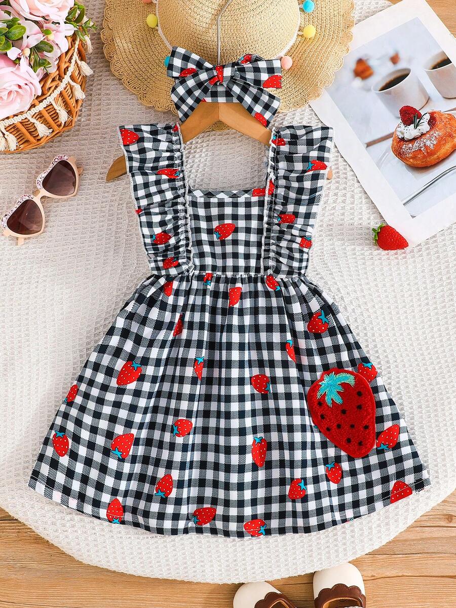 Baby Girls' Sleeveless Ruffled Hem Cute Strawberry Print Dress With Headband Set, Sweet And Elegant - Black - View 1