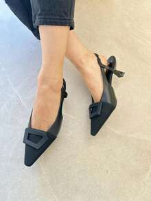 Fashionable And Elegant Geometric Decor Pointed Toe High Heels - Black - View 5