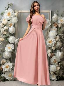 Volly Toych Baby Pink Chiffon Bridesmaid Dress, Round Neck Ruffle Sleeve Pleated Ruffle Hem Long Design - Dusty Pink - View 3