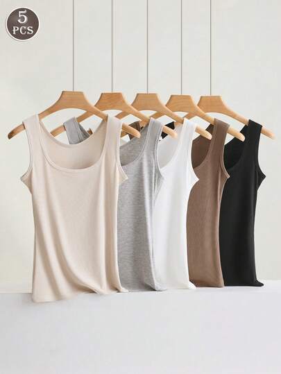 5pcs/Pack Simple Solid Color Women's Camisole, Round Neck Layering Seamless Tank Tops, Comfortable Stretch