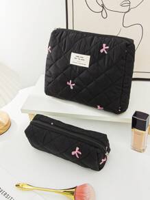 1 Piece Women's Bow Embroidered And Quilted Makeup Bag Sets Travel Cosmetic Bag With Handle Tampon Storage Bag Sanitary Pad Pouch Large Capacity Cosmetic Bag, Lightweight Fluffy Filling Toiletries Bag Mini Travel Makeup Case Pouch For Travel Storage,Daily Use. For School Cosmetic Bag Back To School Supplies Cosmetic Storage School Stuff Bag Organizer Room Stuff