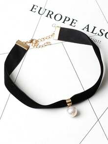 1pc Simple Velvet Pearl Choker Necklace, Short Girl Clavicle Chain - one-size - View 2