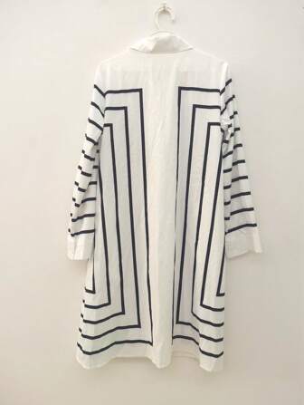 Geometric Pattern Polyester Midi Dress With Long Sleeve, Button Closure, Lapel Collar, Suitable For Beach, Evening, Office, Spring/Summer