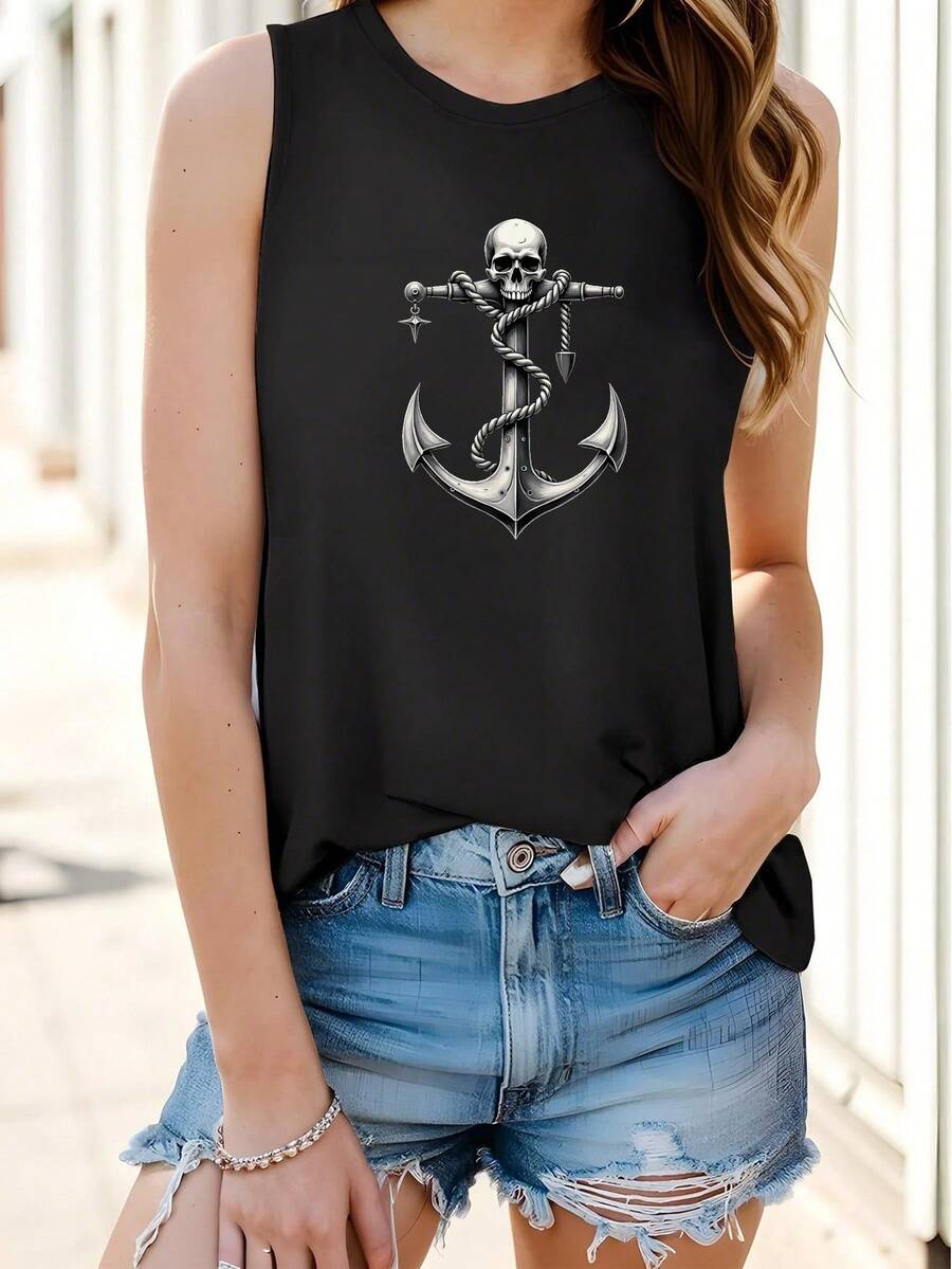 Pirate Themed Anchor Design Women's Vest - Black - View 1