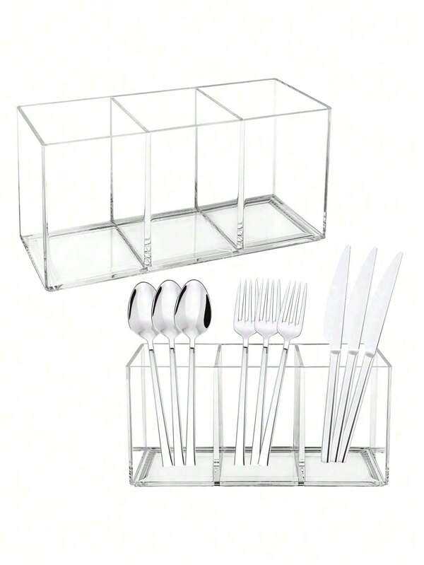 1 pieza Bandeja organizadora de cubertería con 3 compartimentos, organizador transparente para brochas de maquillaje para accesorios de escritorio de oficina, soporte de plástico transparente para guardar tenedores, cucharas y cuchillos, adecuado para fiestas, organización de la cocina, útiles escolares