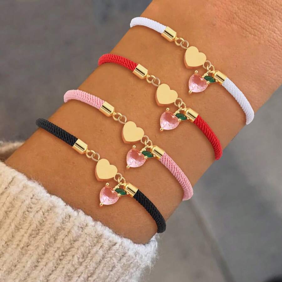 1pc Fashion Classic Heart Peach Pendant Colorful Adjustable Rope Bracelets For Women - Heart - View 1