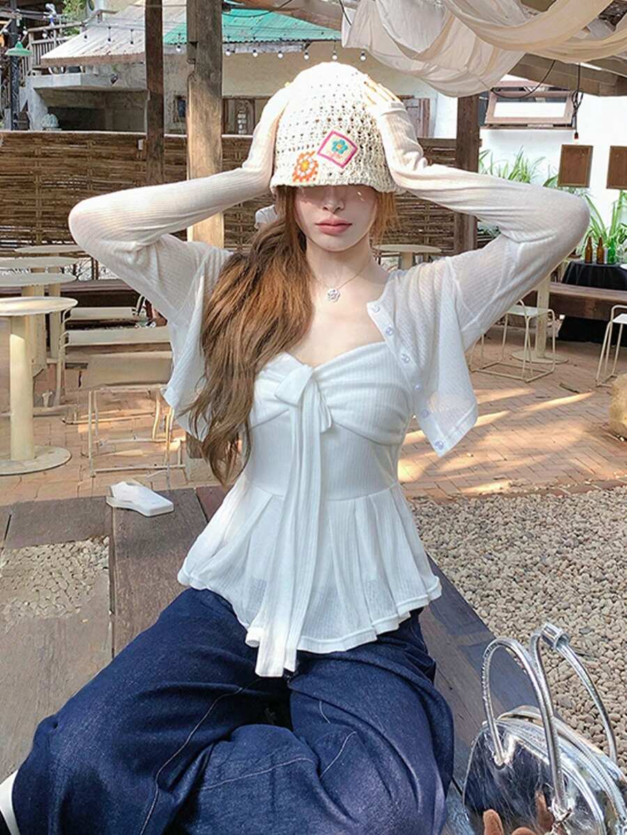 年轻女孩复古硬币印花白色针织开衫和吊带背心两件套，适合春季 - 白色 - 查看 1