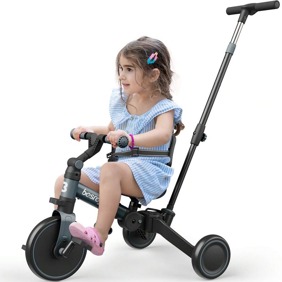 Besrey 5 In 1 Toddler Bike, Toddler Tricycle For 1-3 Year Old, Trike With Push Handle, Backrest And Safety Belt, Birthday Gifts And Toys For Boys And Girls, Balance Bike - Blue Gray - View 1