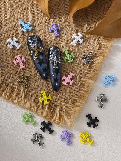 10 件/20 件/50 件套金色、银色和彩色复洛克风格 3D 十字架指甲金属水钻、多功能荆棘包裹 3D 十字架美甲装饰、合金水钻、Y2K 金属风格、DIY 美甲装饰、指甲亮片、奢华精致 3D 金属指甲珠宝、假指甲装饰配件、指甲宝石、美甲用品、指甲装饰指甲饰