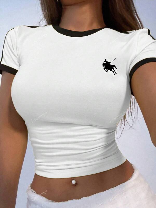 Camiseta de mujer de verano con cuello redondo y mangas cortas, con de color y estampado gráfico