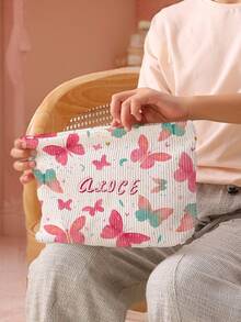 1pc Customized Name Pattern Corduroy Toiletry Bag, Excellent For Storing And Carrying Toiletries When Going Out, Can Be Customized According To Your Unique Design, Very Suitable For Children And Teenagers, Print Your Own Name Or Print Your Sister And Classmate's Name As A Gift