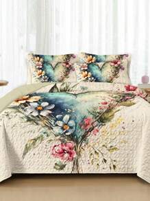 2/3 Stücke Bettwäsche-Set (1 Stück Tagesdecke + 1/2 Stücke Kissenbezug), digitaler Herz- und Blume Muster, weich und bequem, modisch und frisch, geeignet für Hotel, Schlafzimmer, Studentenwohnheim, ganzjährig