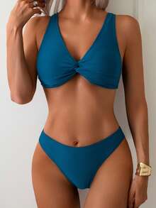 Women 2 Piece Bikini Set Solid Color Twist Front V Neck Bikini Tops Triangle Shorts Bathing Suits For Beach Pool - Blue - View 2