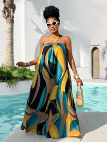 Summer Fruit Green Solid Color, Single Shoulder Sleeveless Design With A Circular Ring, Women's Long Dress, For Home Leisure, Beach Vacation And Travel - Greenish Yellow - View 2