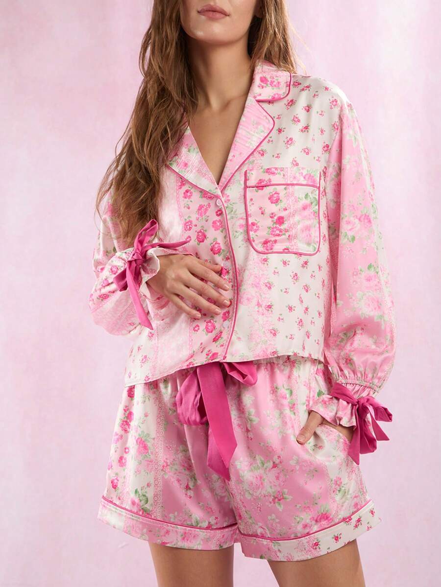 Y2k Floral Print Silk Bow Tie Pajamas For Women Set Summer 2 Piece Outfits Cute Long Sleeve Shirt Lounge Shorts Pajama Sets - 彩色 - 查看 1