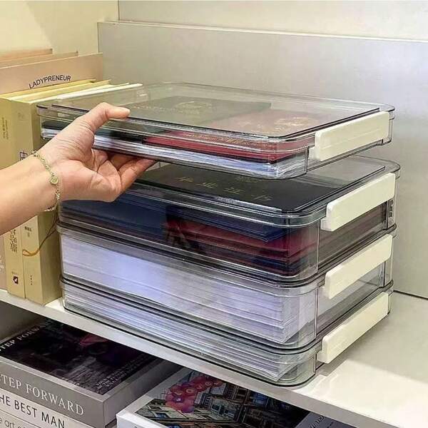1 caixa de arquivo transparente com alça, caixa de armazenamento de plástico, porta-cartão de identificação, recipiente de armazenamento empilhável portátil para papel, revistas, fotos e documentos, adequado para caixas de armazenamento transparentes em residências, escritórios e escolas