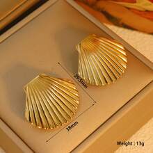 1 Pair Stainless Steel Textured Shell Large Stud Earrings, Unique 18K Gold Color Geometric Metal Waterproof Luxury Jewelry