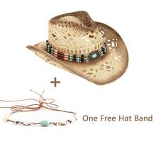 1 Hat And 2 Decorations Unisex Bead Decor Cowgirl Hat Hollow Out Summer Travel Shade Cowboy Hat Dyeing Wide Brim Printed Breathable With Beaded Trim Band Hand Woven Beach Hat Fedora Sun Hat Straw Hat - 米色 - 查看 2