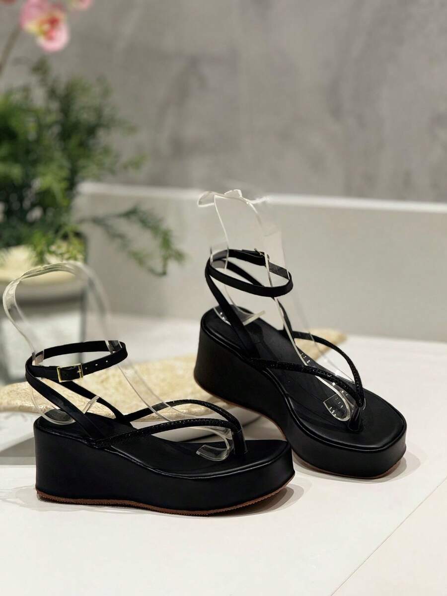 Sophisticated And Elegant Rhinestone Glitter Front Sandal With SexyElegantPU BackWeddingPartyOfficeHomeOutdoor - 黑色 - 查看 1