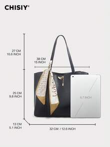 CHISIY Original Handmade Solid Color Golden Bean Letter Plaid Scarf, Contrast Color Synthetic Leather Tote Bag, Elegant Business Large Capacity Women Commuter Bag, Casual Simple Lady Underarm Bag, Fashion Lady Shoulder Bag, Gift For Valentine's Day, New Year, Suitable For Office Lady, Business Woman, College Student, Dating, Shopping, Travel, All Season