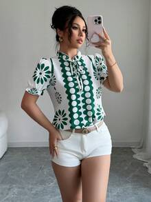 Damen Casual, elegant und vielseitig Alltagshemd, mit Farbblockdesign in Grün und Weiß, und modischen Prints, geeignet für den Arbeitsweg, Büro, Sommertragen, sowie Frühling/Sommer, Valentinstag und Lehrertag Anlässe Polka Punkt - Grün - Übersicht 6