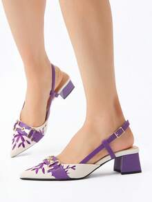 Sandálias de Salto Alto Tipo Slingback com Bico Fino e Decoração de Corrente, Estampa Floral Vintage para Mulheres, Saltos Confortáveis para Trabalho, Festa à Noite, Celebração, Adequado para Primavera, Verão, Outono, Inverno, Roxo, Elegante, Sapatos de Salto Femininos - Roxo - Visão 5