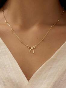 1 Pc Stainless Steel Jewelry Gold Bow Bowknot Pendant Bead Chain Set Simple Cute Fashion Girl Versatile High-End Necklace Stylish Minimalist Bow Pendant Necklace