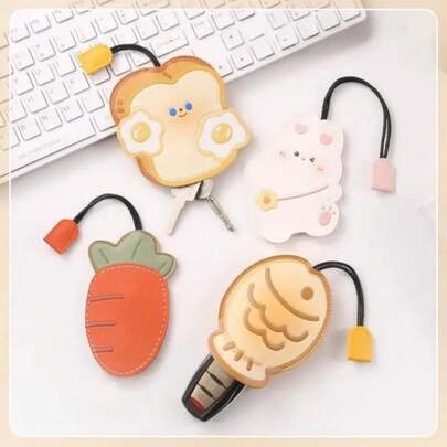 1个创意开口钥匙包，可爱卡通大容量汽车钥匙包，抽拉式设计，优质皮革材质，适用于抽绳通用电动车钥匙包，宿舍居家适合固定钥匙、门禁卡等个人物品，出门必备钥匙扣，出门便捷的钥匙包，送礼的理想之选