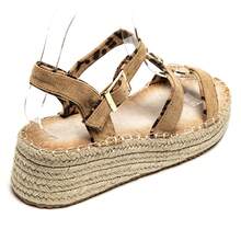 Women's Wedge Sandals With Rope Sole And Gold Medallions - Camel - View 4