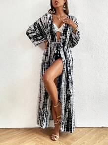 Women's Elegant Maxi Striped Printed Robe With Tie-Front Bow Waist Belt, Sexy Bikini Cover Up, Leisure Beach Dress, Tie-Dyed Vacation Robe