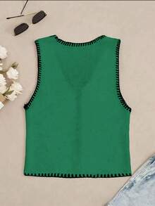 Women Spring/Summer Women Lightweight Sweater Vest Casual Contrast Trim Sleeveless Open Button Knitted Sweater Vest, Y2K, Daily, Commuting, Shopping, Beach, Leisure And Simple, Music Festival, Outdoor Pool Party, Street/4th Of July/Graduation - Dark Green - View 2