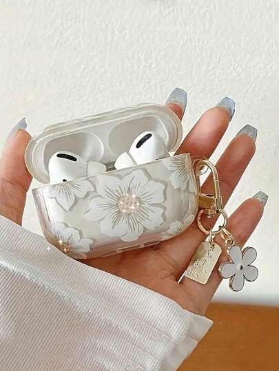 Fashionable White Flower Wireless Earphone Case Compatible With AirPods 4th Gen 1/2/3/Pro/Pro2/Pro 3, Transparent Protective Cover With Keychain Pendant, Shock-Absorbing Soft Thin Wireless Earphone Protective Case, Gift For Friends