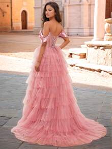 闪亮水晶正式晚礼服，带蓬松开衩高开叉舞会礼服，女士舞会礼服，优雅婚礼宾客礼服，适合毕业典礼、晚宴