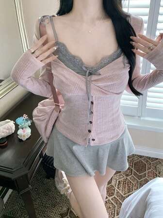 분위기영감 슬림핏 긴소매 피팅 니트 가디건 탑 여성용