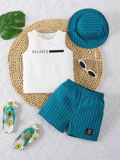 3 件套夏季新款休闲男婴字母印花背心、条纹短裤和帽子套装，适合海滩、度假、旅行