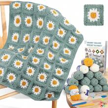 Blanket Crochet Kit For Beginners, Granny Squares Crochet Blanket Kit With Soft Yarns Detailed Instruction, Complete Crochet Starter Kit For Daisy Blanket, Easy To Learn Yarn Kit - Green-daisy - View 1