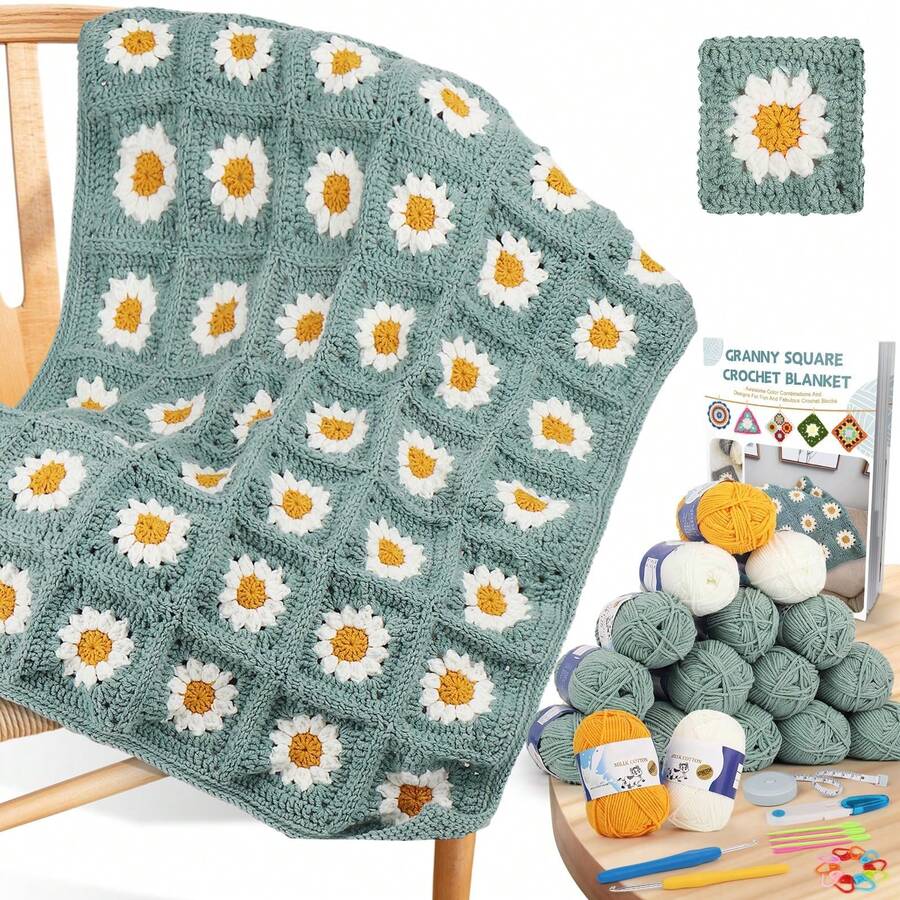 Blanket Crochet Kit For Beginners, Granny Squares Crochet Blanket Kit With Soft Yarns Detailed Instruction, Complete Crochet Starter Kit For Daisy Blanket, Easy To Learn Yarn Kit - Green-daisy - View 1