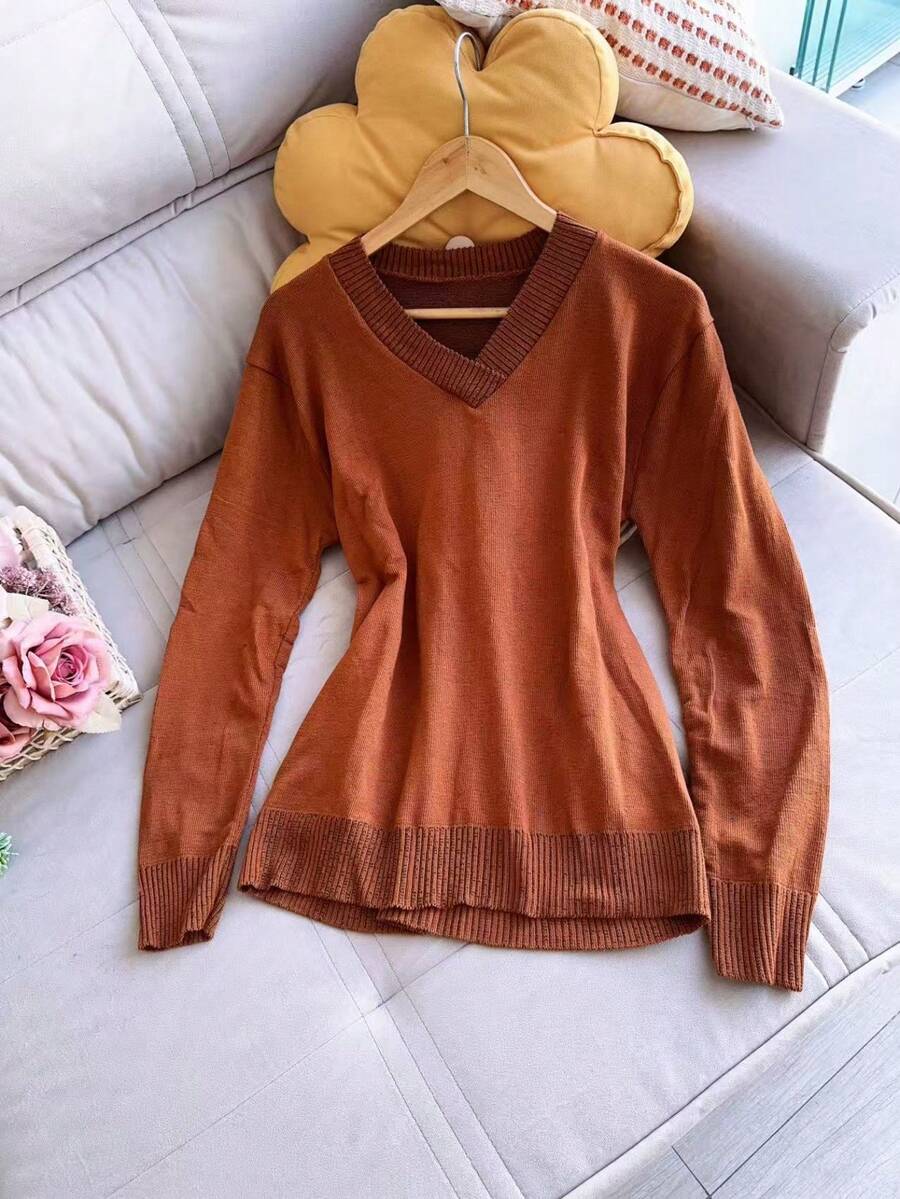 V Neck Plus Size Basic Long Sleeve Winter Knit Top Women Fashion - Rỉ Nâu - Xem 1