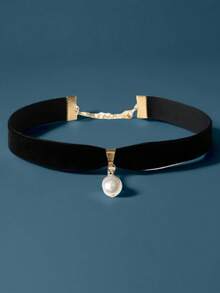 1pc Simple Velvet Pearl Choker Necklace, Short Girl Clavicle Chain - one-size - View 1