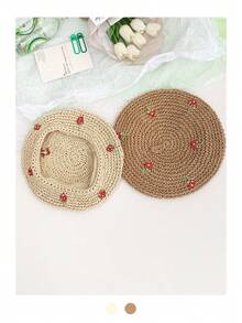 1pc Sweet Cute Little Strawberry Woven Beret Hat, Versatile Summer Beach Vacation Street Snap Cloud Painter Cap, Breathable Straw Beret For Women, Spring/Summer, Artistic Versatile Straw Hat - White - View 5