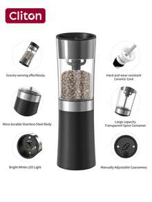 CLITON Gravity Electric Pepper Mill & Salt Grinder Set, USB Rechargeable Base, No Battery Needed, One-Handed Operation, Adjustable Coarseness, Automatic Electric Seasoning Grinder, Refillable, Adjustable Coarseness, LED Light, Plastic & Stainless Steel Material