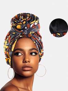 1pc Women's African Retro Print Lined Floral Headdress Headwraps, Suitable For Daily Use - Multicolor - View 9