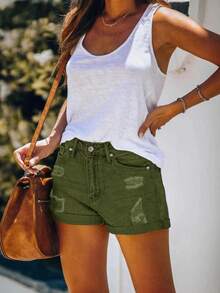 Vacation Casual Distressed Elastic Cuff Denim Shorts - Green - View 7