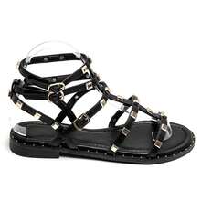 Square Studded Flat Sandals - Modern Gladiator Style - Black - View 3
