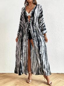 Women's Elegant Maxi Striped Printed Robe With Tie-Front Bow Waist Belt, Sexy Bikini Cover Up, Leisure Beach Dress, Tie-Dyed Vacation Robe