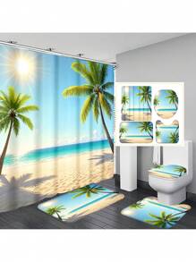 1pc/4pcs Tropical Seaside Beach Coconut Tree Printed Multifunctional Bathroom Decor Set, Includes Shower Curtain 12 Hooks, Anti-Slip Mat, U-Shaped Mat & Round Toilet Cover, For Whole Bathroom Back To School