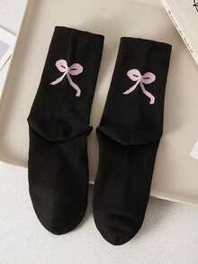 3 Pairs Women's Bow Decor Black, White, Grey Mid-Calf Socks, Collegiate Style Street Fashion, Comfortable Soft Everyday Wear - Multicolor - View 10