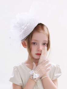 1 套儿童派对礼服，配有珍珠迷你帽和蕾丝手套组合，适合活动、派对和拍照 - 帽子和手套 - 查看 14
